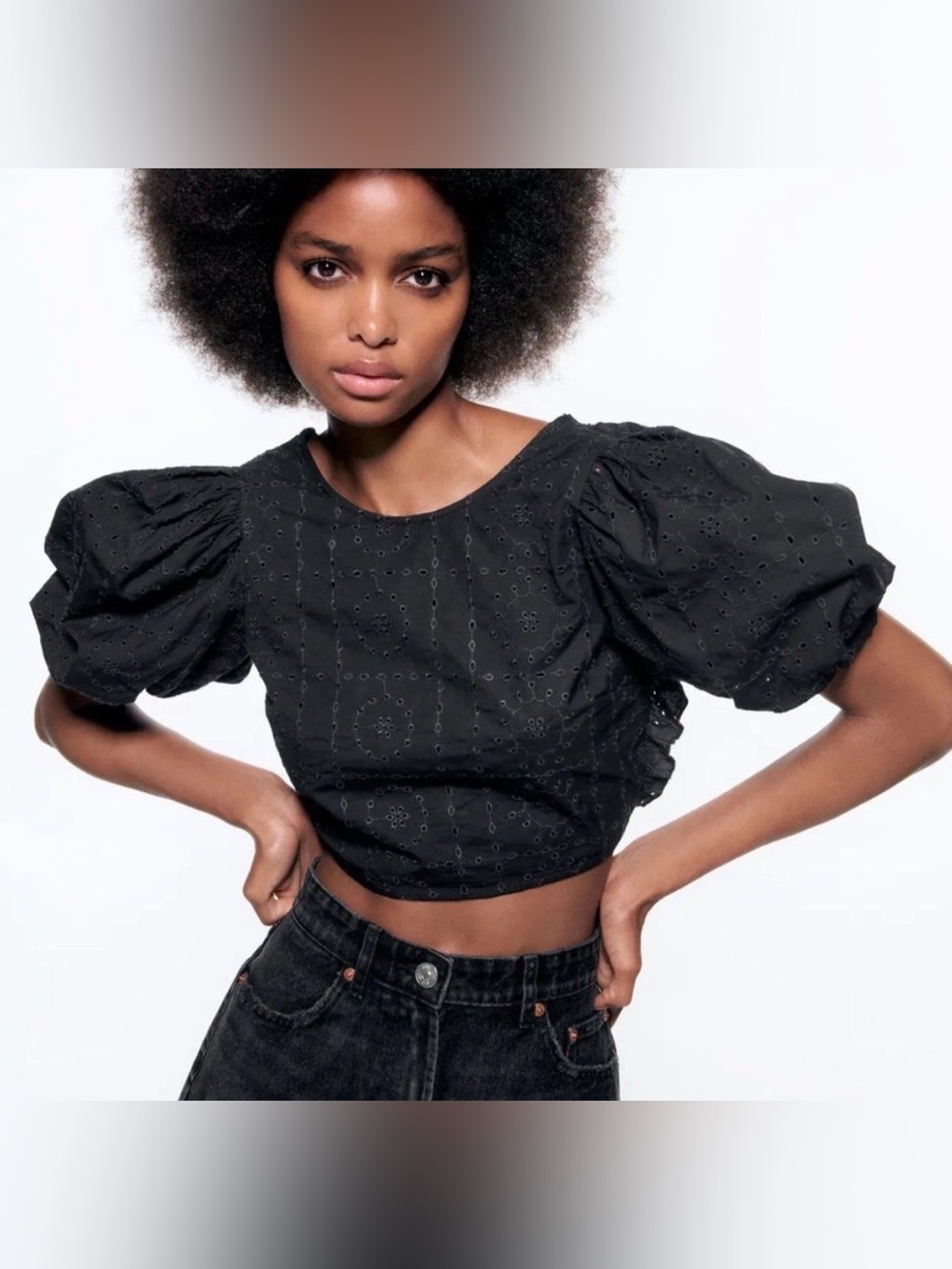 Zara Embroidered Eyelet Tie-Back Crop Puff Sleeve Top Black - Picture 2 of 6